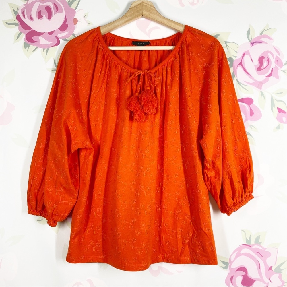 J. Crew Orange Embroidered Tassel Tie Cotton Shirt Blouse XS